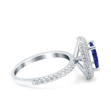 Halo Oval Art Deco Wedding Ring Simulated Blue Sapphire CZ 925 Sterling Silver